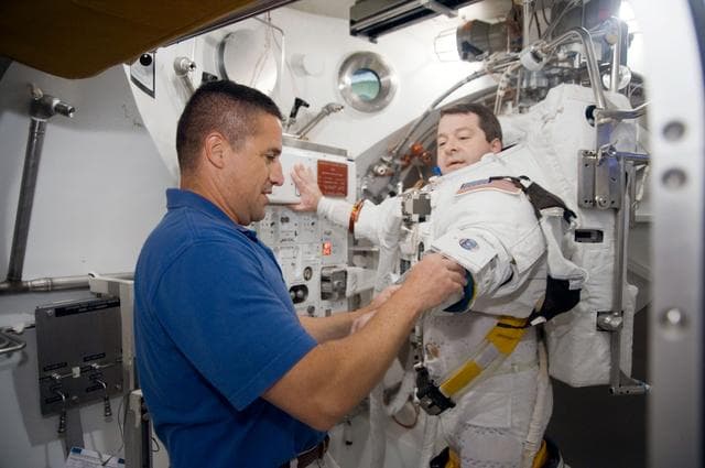 NASA image: STS-130 astronaut Nick Patrick during dry run for SSATA Crew Training and EMU Verification for STS-130. 