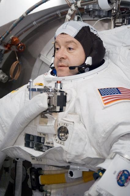 NASA image: STS-130 astronaut Nick Patrick during dry run for SSATA Crew Training and EMU Verification for STS-130. 