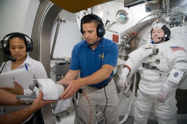 NASA image: STS-130 astronaut Nick Patrick during dry run for SSATA Crew Training and EMU Verification for STS-130. 