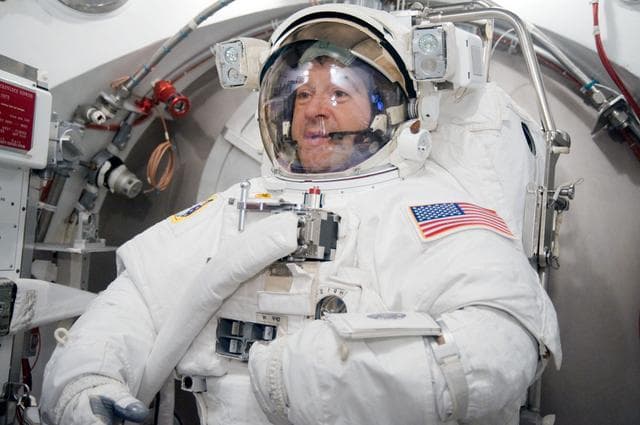NASA image: STS-130 astronaut Nick Patrick during dry run for SSATA Crew Training and EMU Verification for STS-130. 