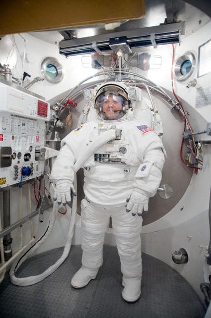 NASA image: STS-130 astronaut Nick Patrick during dry run for SSATA Crew Training and EMU Verification for STS-130. 
