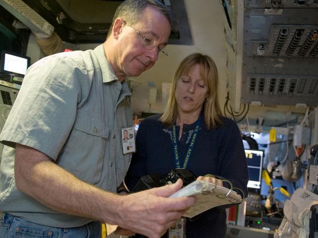 NASA image: STS-130 crew during their Rendezvous sim time line training in the fixed base simulator in building 5