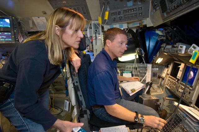 NASA image: STS-130 crew during their Rendezvous sim time line training in the fixed base simulator in building 5 