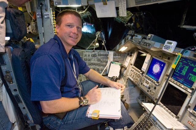 NASA image: STS-130 crew during their Rendezvous sim time line training in the fixed base simulator in building 5 