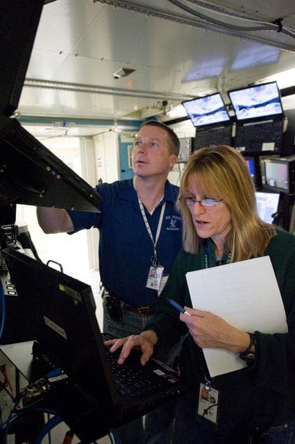 NASA image: STS-130 crew members Kay Hire and Terry Virts training in the ISS Lab 