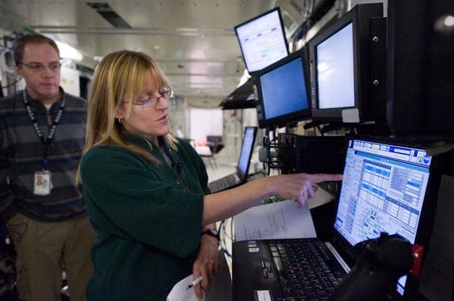 NASA image: STS-130 crew members Kay Hire and Terry Virts training in the ISS Lab 