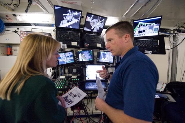 NASA image: STS-130 crew members Kay Hire and Terry Virts training in the ISS Lab 