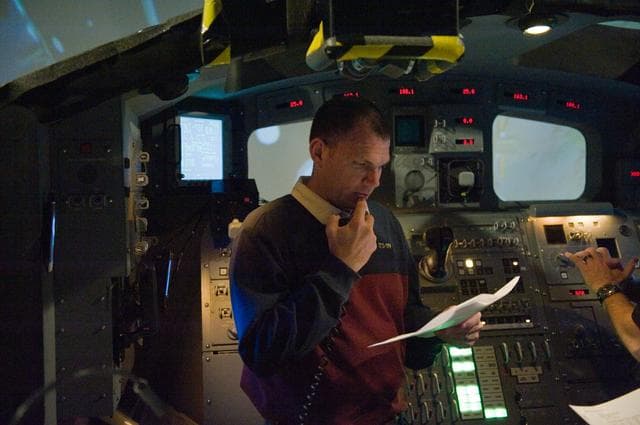 NASA image: STS-132 crew during their PDRS N-TSK MRM training in the building 16 cupola trainer. 