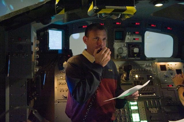 NASA image: STS-132 crew during their PDRS N-TSK MRM training in the building 16 cupola trainer. 
