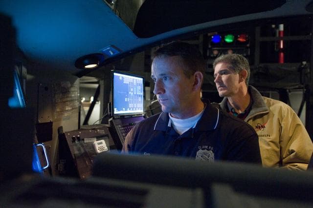 NASA image: STS-132 crew during their PDRS N-TSK MRM training in the building 16 cupola trainer. 