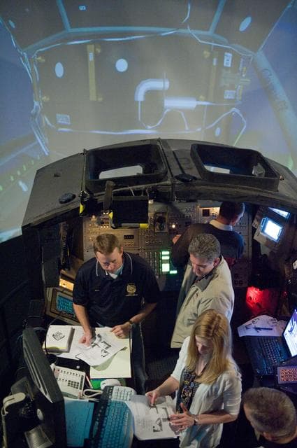 NASA image: STS-132 crew during their PDRS N-TSK MRM training in the building 16 cupola trainer. 