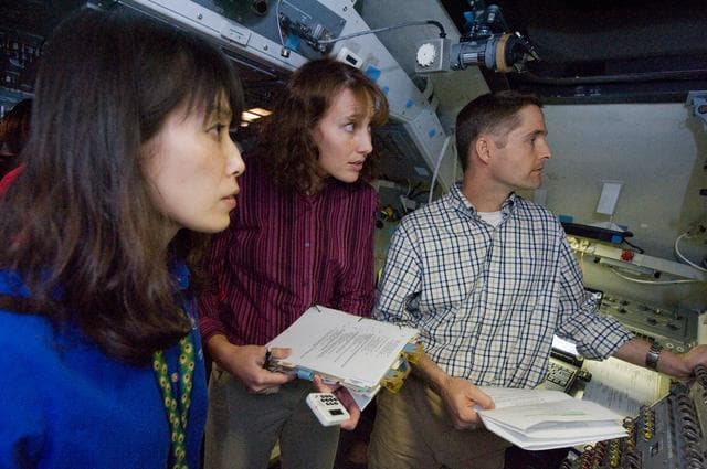 NASA image: STS-131 crew members during UNDOCK MAL Timeline training.