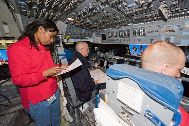 NASA image: STS-131 crew members during UNDOCK MAL Timeline training.