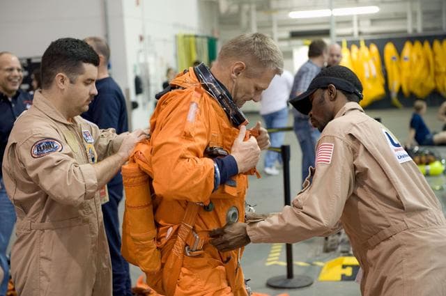 NASA image: STS-132 crew during their water survival training at the NBL