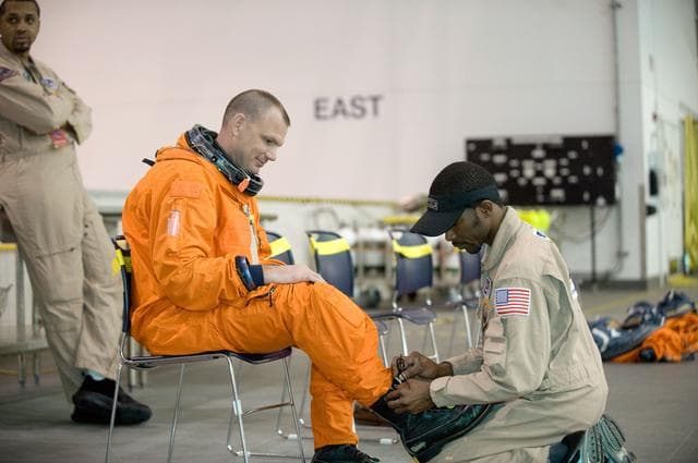 NASA image: STS-132 crew during their water survival training at the NBL