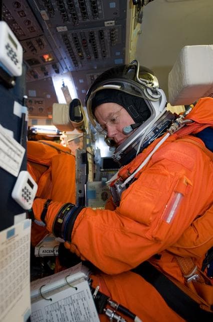 NASA image: STS-133 crew members Lindsey, Boe, Drew and Kopra for Motion Base Ascent Skill 32011 training 