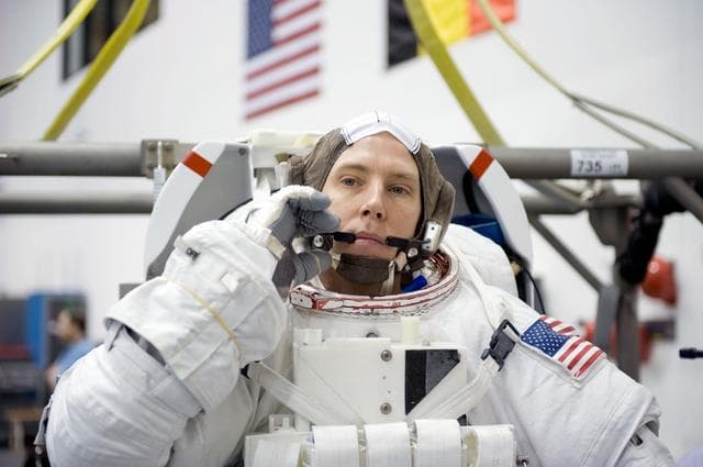 NASA image: STS-134 crew members Greg Chamitoff and Drew Feustel during their STS-134 ULF6 EVA1 training at the NBL. 