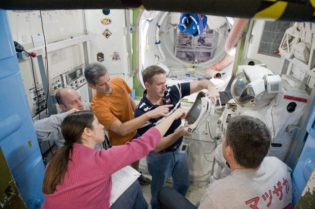 NASA image: STS-132 crew members during ISS EVA P/P Exerc training
