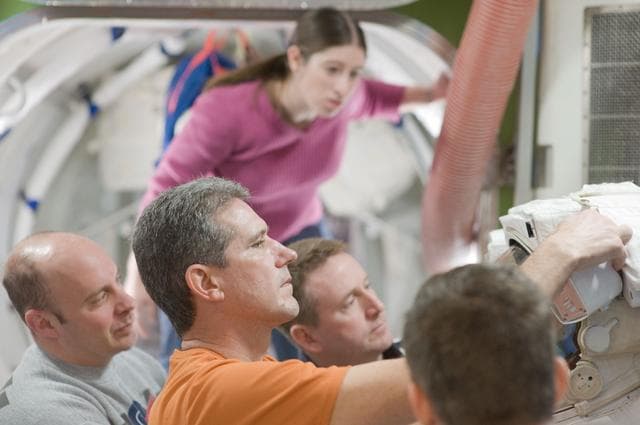 NASA image: STS-132 crew members during ISS EVA P/P Exerc training