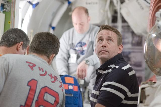 NASA image: STS-132 crew members during ISS EVA P/P Exerc training