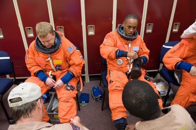NASA image: STS-133 crew during Payload Egress training in Full Fuselage Trainer (FFT) 