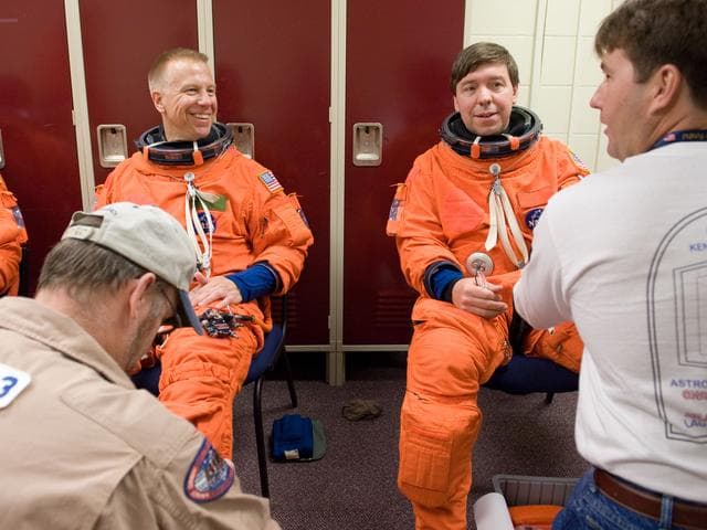 NASA image: STS-133 crew during Payload Egress training in Full Fuselage Trainer (FFT) 