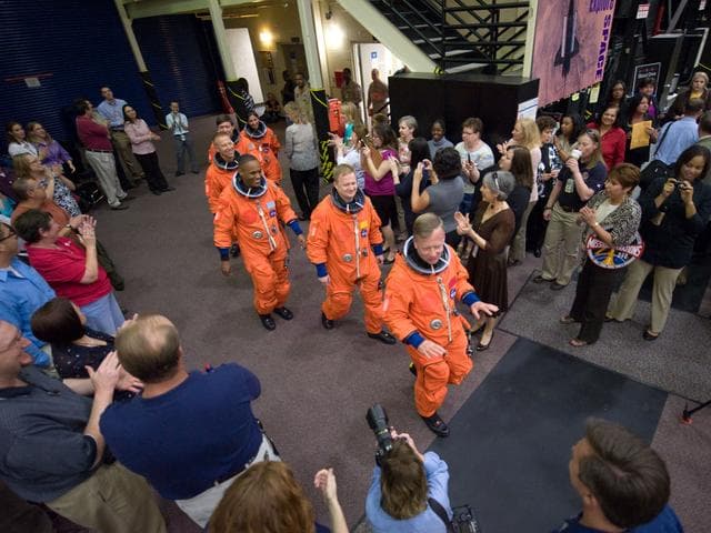 NASA image: STS-133 crew during Payload Egress training in Full Fuselage Trainer (FFT) 