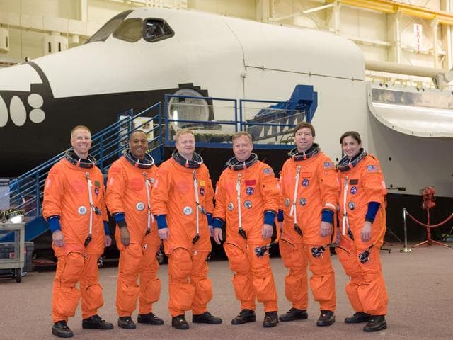 NASA image: STS-133 crew during Payload Egress training in Full Fuselage Trainer (FFT) 