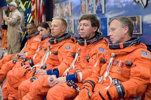 NASA image: STS-133 crew during Payload Egress training in Full Fuselage Trainer (FFT) 