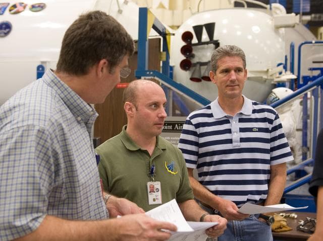 NASA image: STS-132 crew during ISS TOOL Configuration with instructor Lisa Shore. 