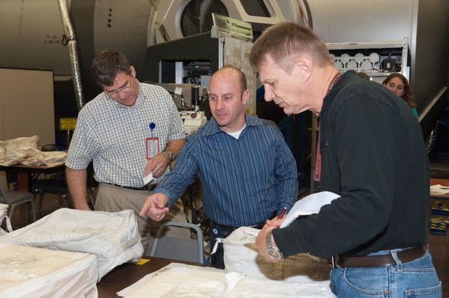 NASA image: STS-132 crew during Transfer Hands-On Practice trainiing