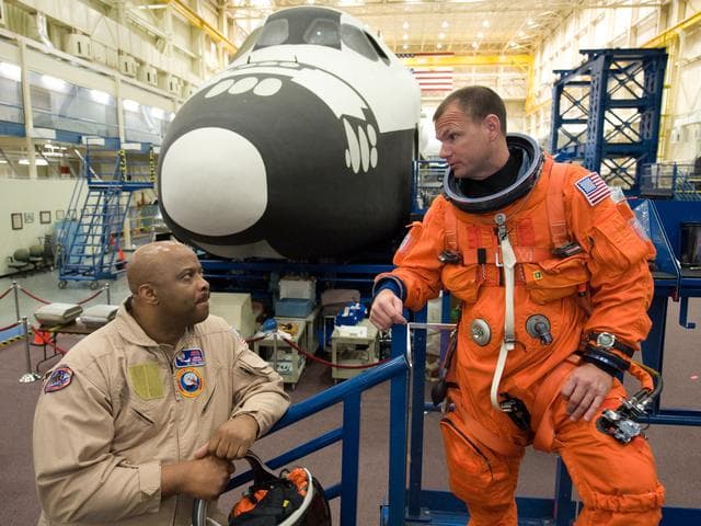 NASA image: STS-132 crew during ingress/egress training
