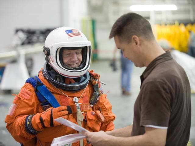 NASA image: STS-133 crew during water survival training at the NBL