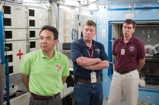 NASA image: Expedition 28 crew members Mike Fossum, Satoshi Furukawa, Sergei Volkov 