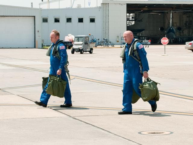NASA image: STS-134 crew as they prepare their flight to KSC in T-38's