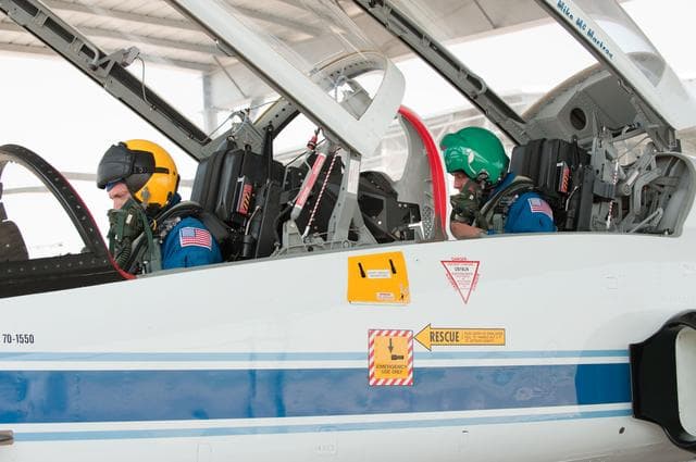 NASA image: STS-134 crew as they prepare their flight to KSC in T-38's