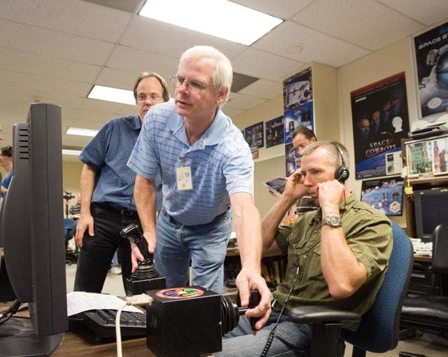 NASA image: STS-134 crew in Virtual Reality Lab during their MSS/EVAA SUPT2 Team training  