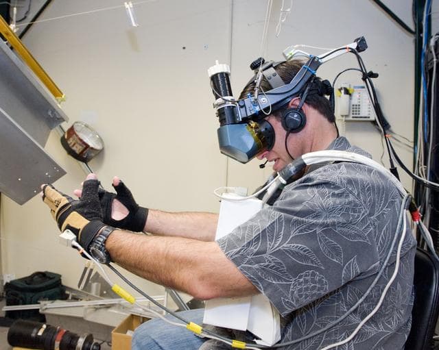 NASA image: STS-134 crew in Virtual Reality Lab during their MSS/EVAA SUPT2 Team training  