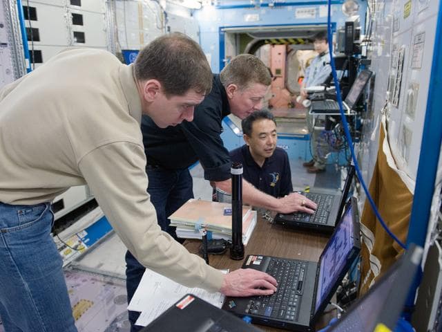 NASA image: Expedition 28 and Expedition 29 crew members during joint Rountine Ops AC training