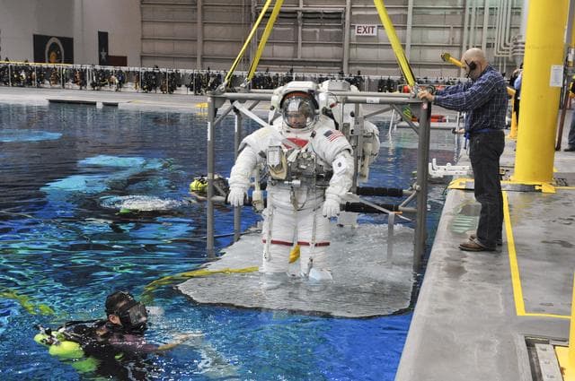 NASA image: STS-133 Crew Training at the NBL with crew member Steve Bowen  