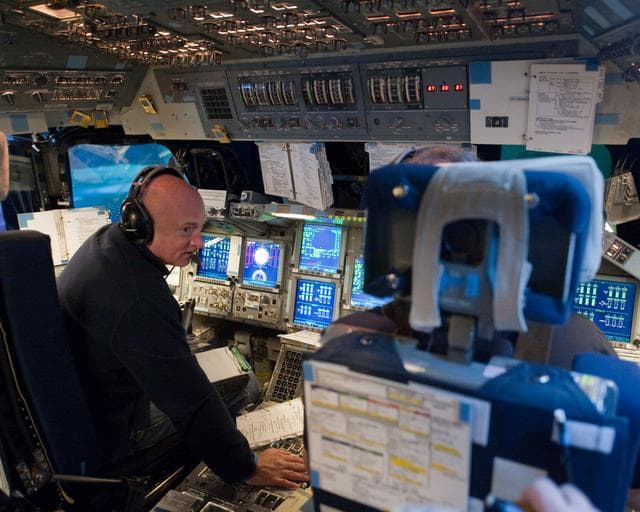 NASA image: STS-134 crew commander Mark Kelly and some of his crew (Fincke, Vittori, Johnson)    