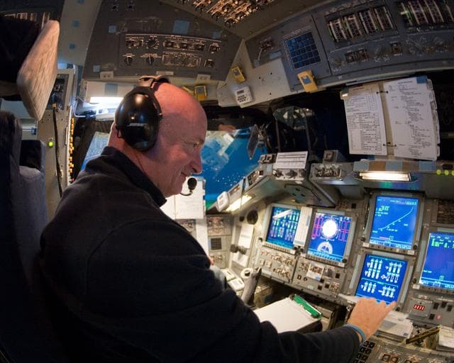 NASA image: STS-134 crew commander Mark Kelly and some of his crew (Fincke, Vittori, Johnson)    