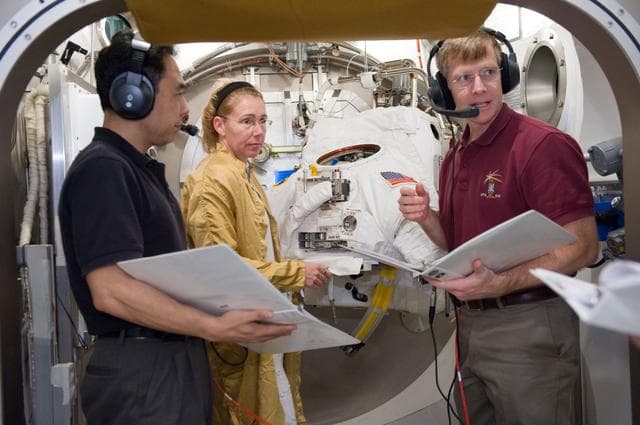 NASA image: SSATA Crew Training and EMU Verification for STS-135 astronaut Sandra Magnus.