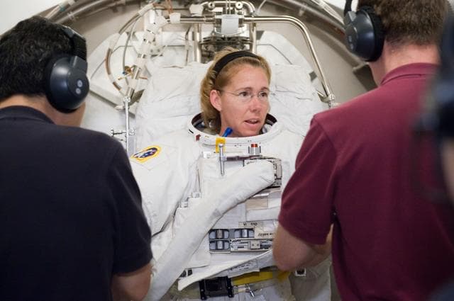 NASA image:  SSATA Crew Training and EMU Verification for STS-135 astronaut Sandra Magnus.    