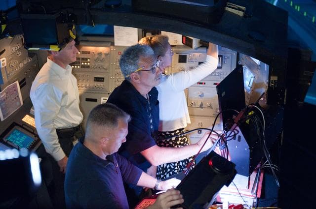 NASA image: STS-135 crew during Rendezvous Training session in Building 16 dome   