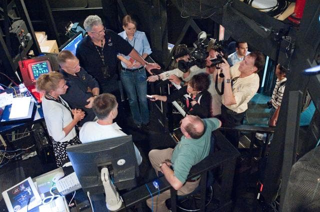 NASA image: STS-135 crew during Rendezvous Training session in Building 16 dome   