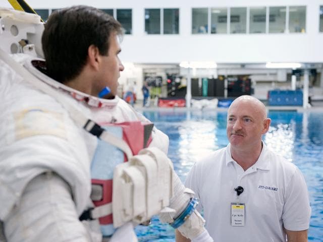 NASA image: STS-134 crew members Michael Fincke and Greg Chamitoff during their final EVA4 training run at the NBL. 