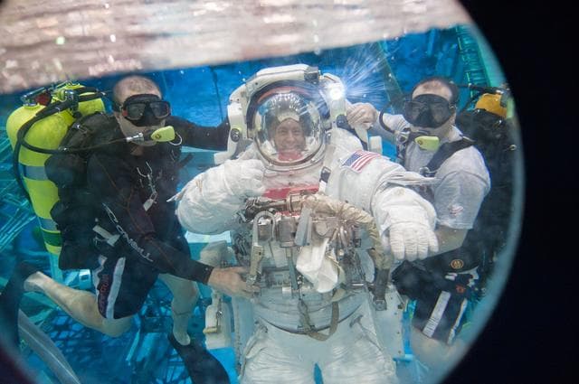NASA image: STS-134 crew members Michael Fincke and Greg Chamitoff during their final EVA4 training run at the NBL. 