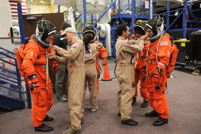 NASA image: STS-135 crew and training team during CCT-II PRL Ingress/Egress training. 