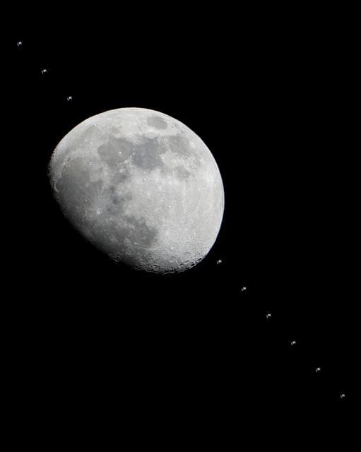 NASA image: Multiple images of the International Space Station flying over the Houston area have been combined into one composite image
